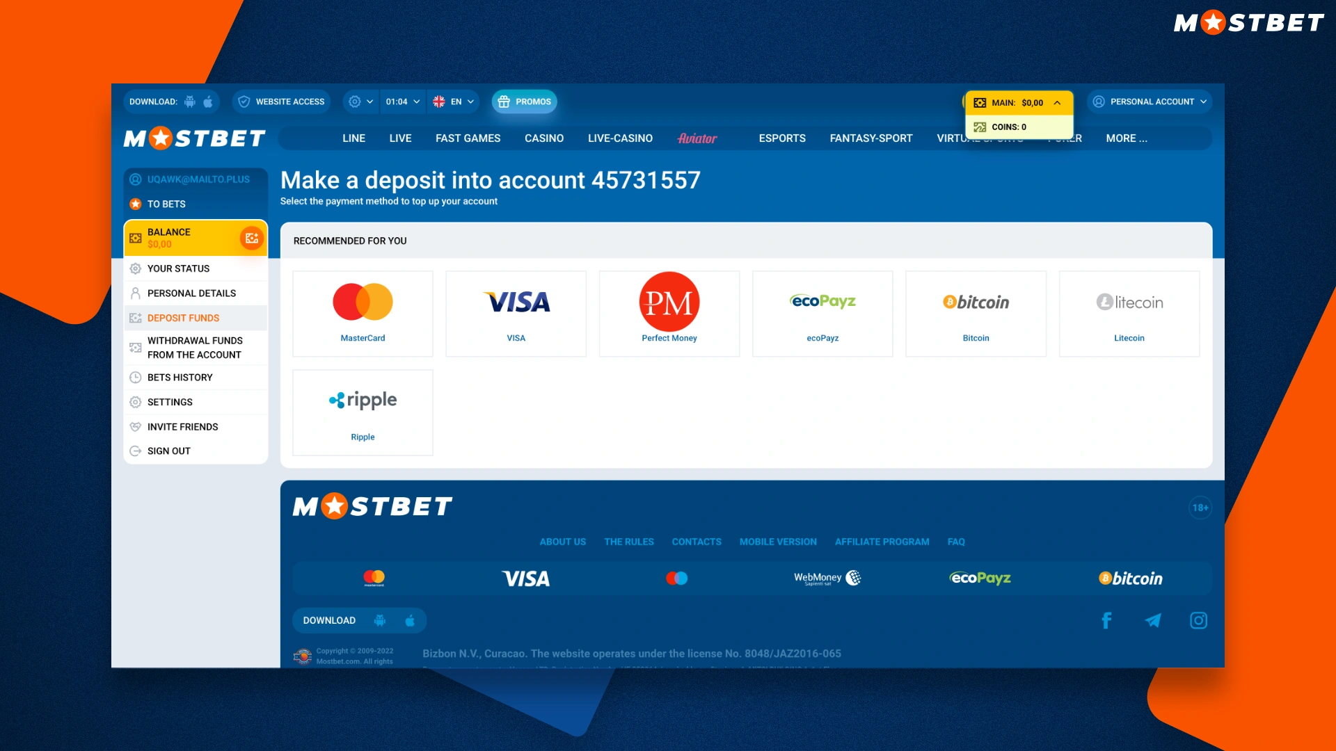 available payment methods on the website and in the mostbet app