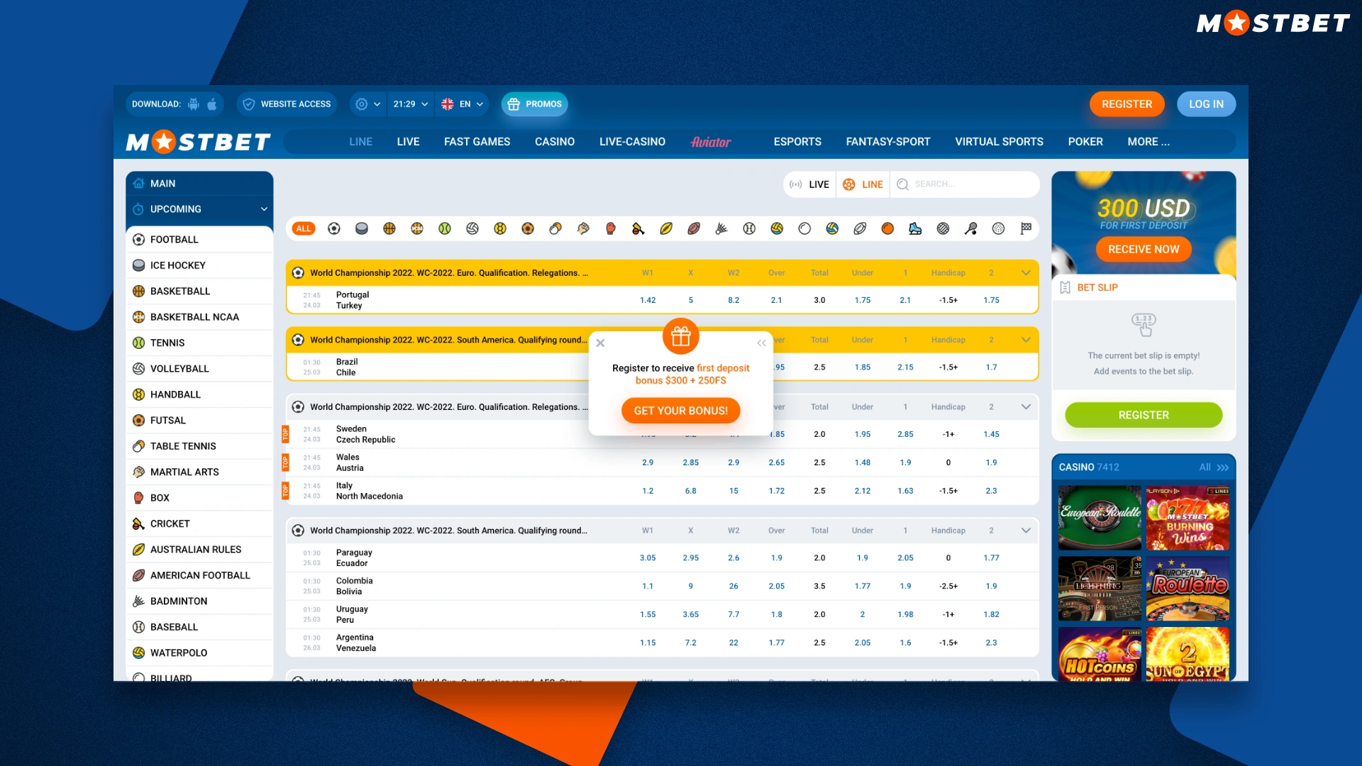 Registration on the official site mostbet