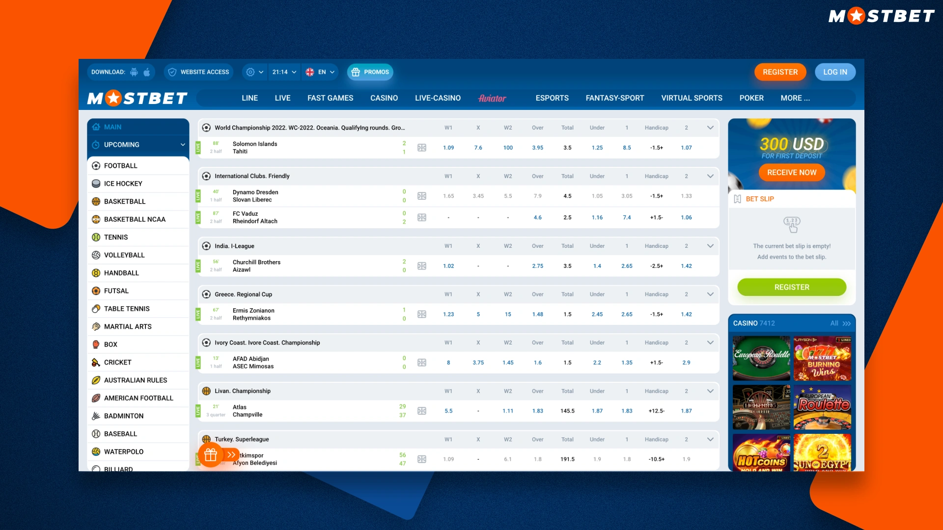 The process of registration on the Mostbet website