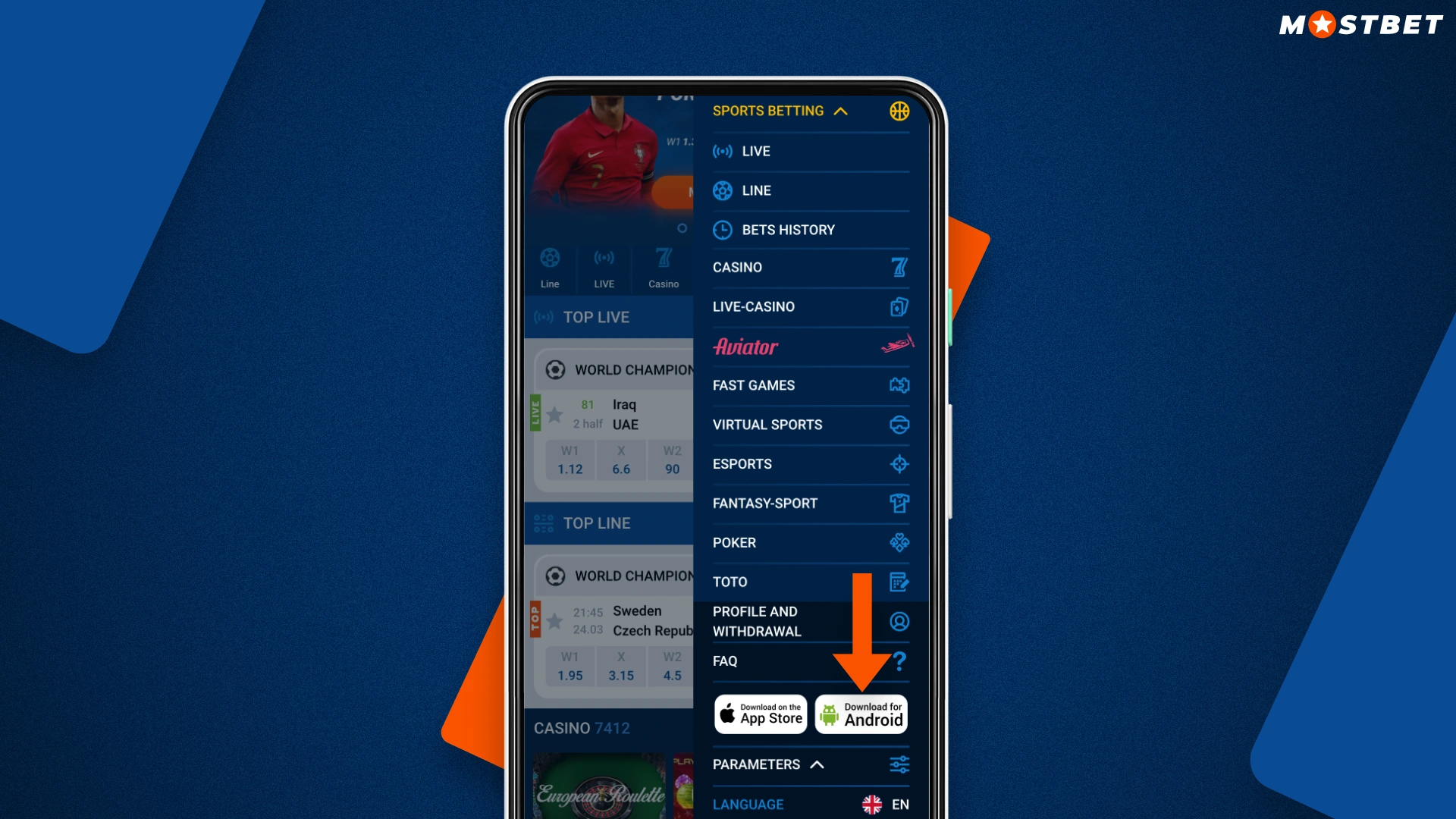 Mostbet'in mobil versiyonunun ana menüsü