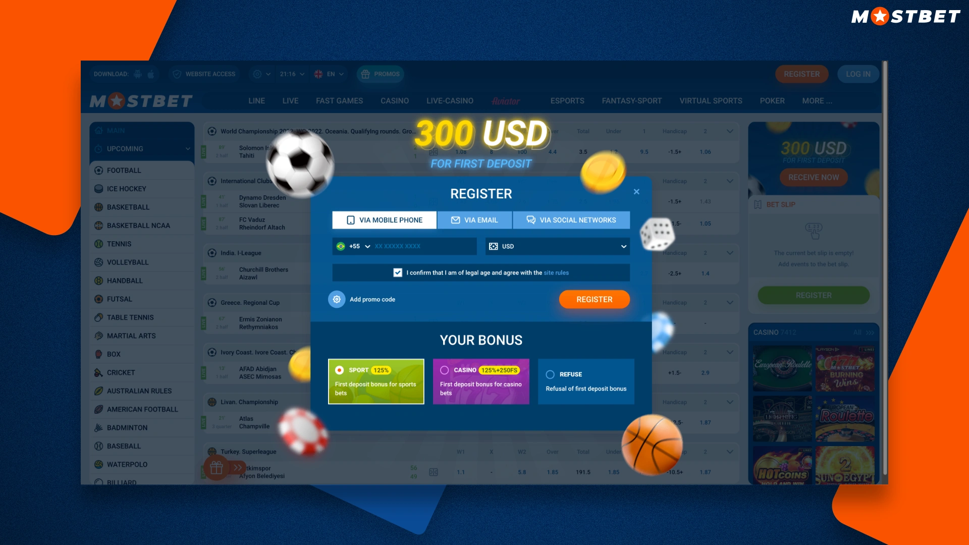 Mostbet registration form