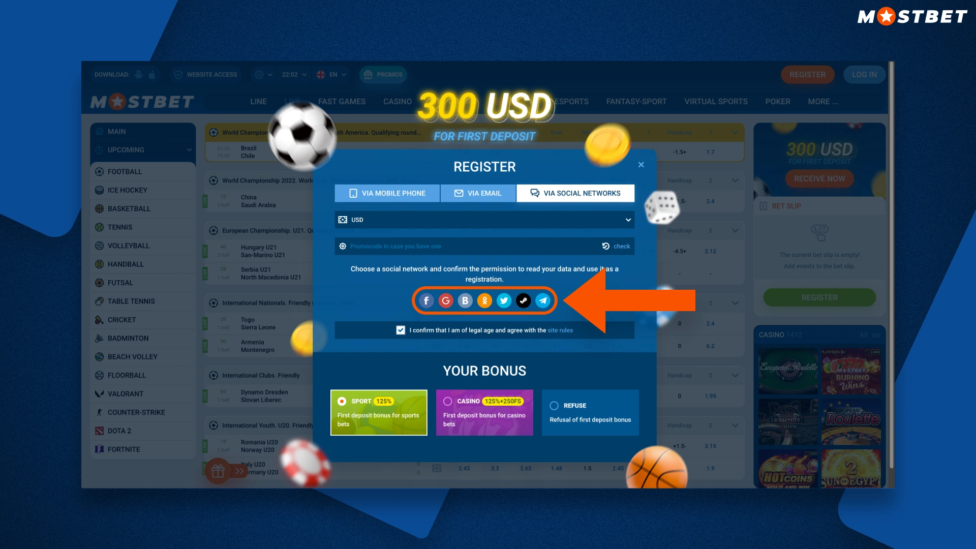 list of social networks for registering at mostbet