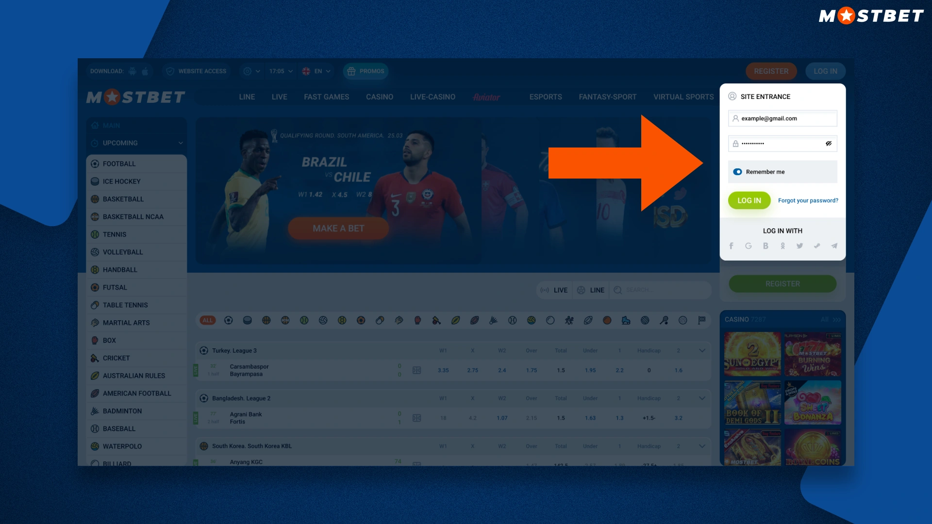 Форма авторизации клиента Mostbet