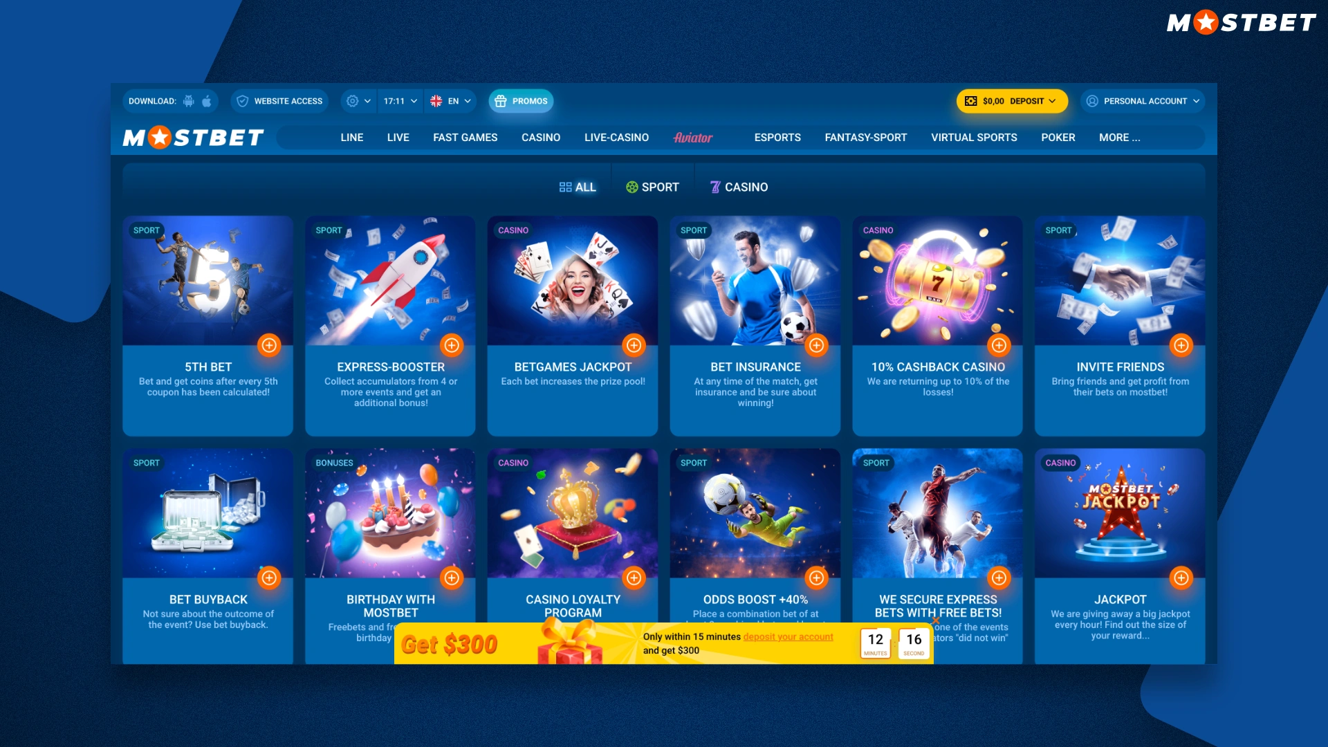 Список доступных акций Mostbet