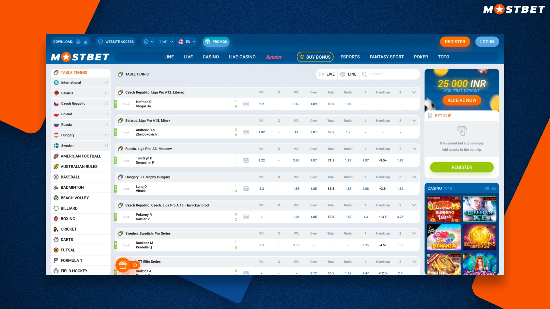 Ставки на настольный теннис в Mostbet